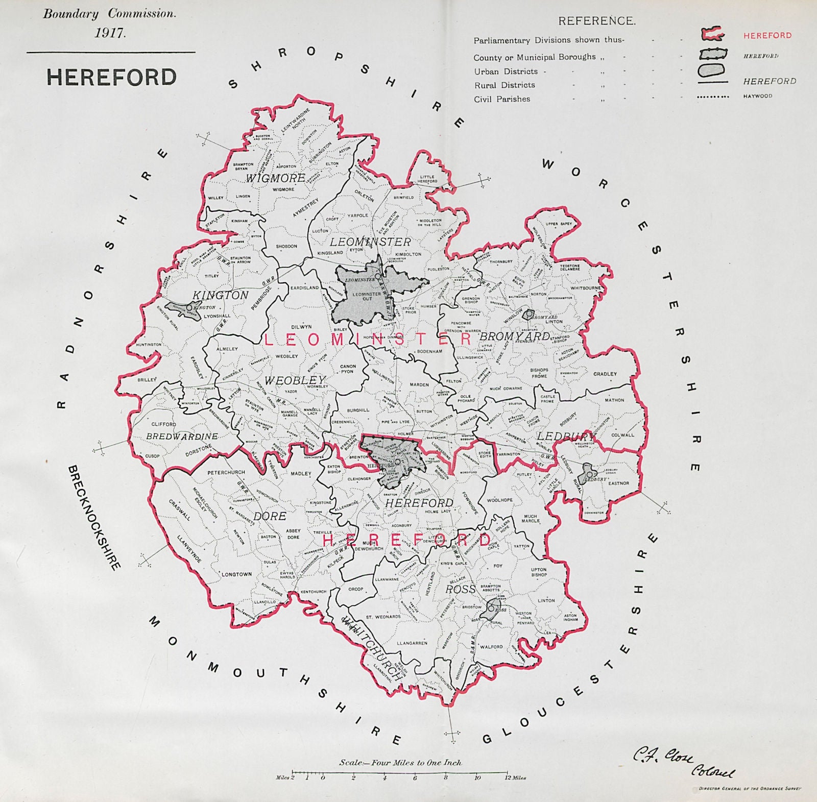 Herefordshire Parliamentary County. BOUNDARY COMMISSION. Close 1917 old map